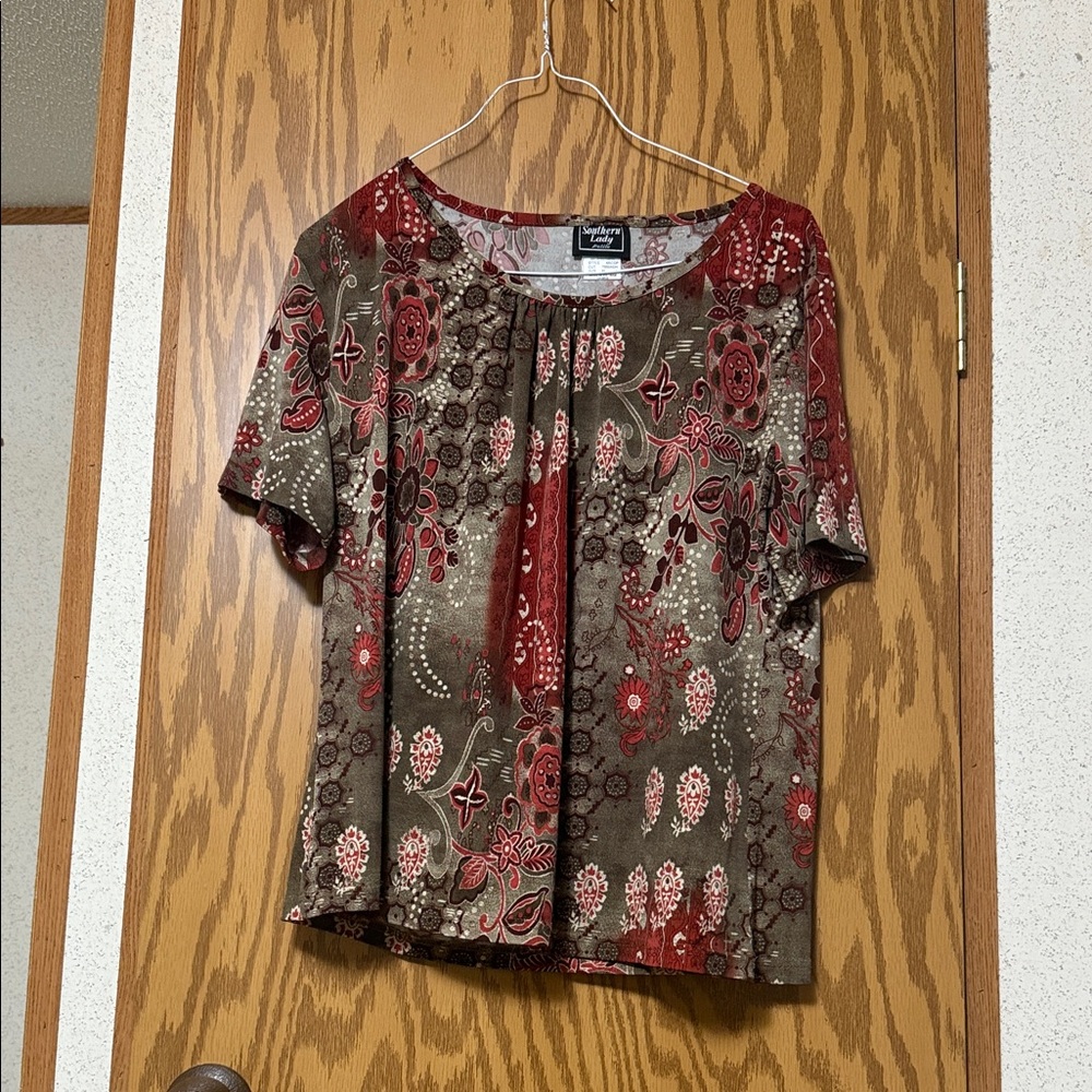 Southern Lady Red and Brown Floral Blouse